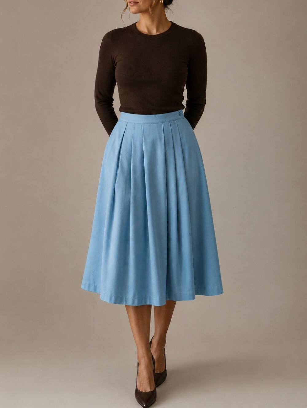 Vintage Powder Blue Midi Skirt Polyester Large